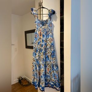 House of Harlow 1960 Zoey Ruched Flutter Sleeves Blue Floral Maxi